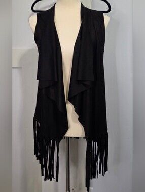 Love Tree - Black Faux Suede Sleeveless Fringe Open-Front  Vest